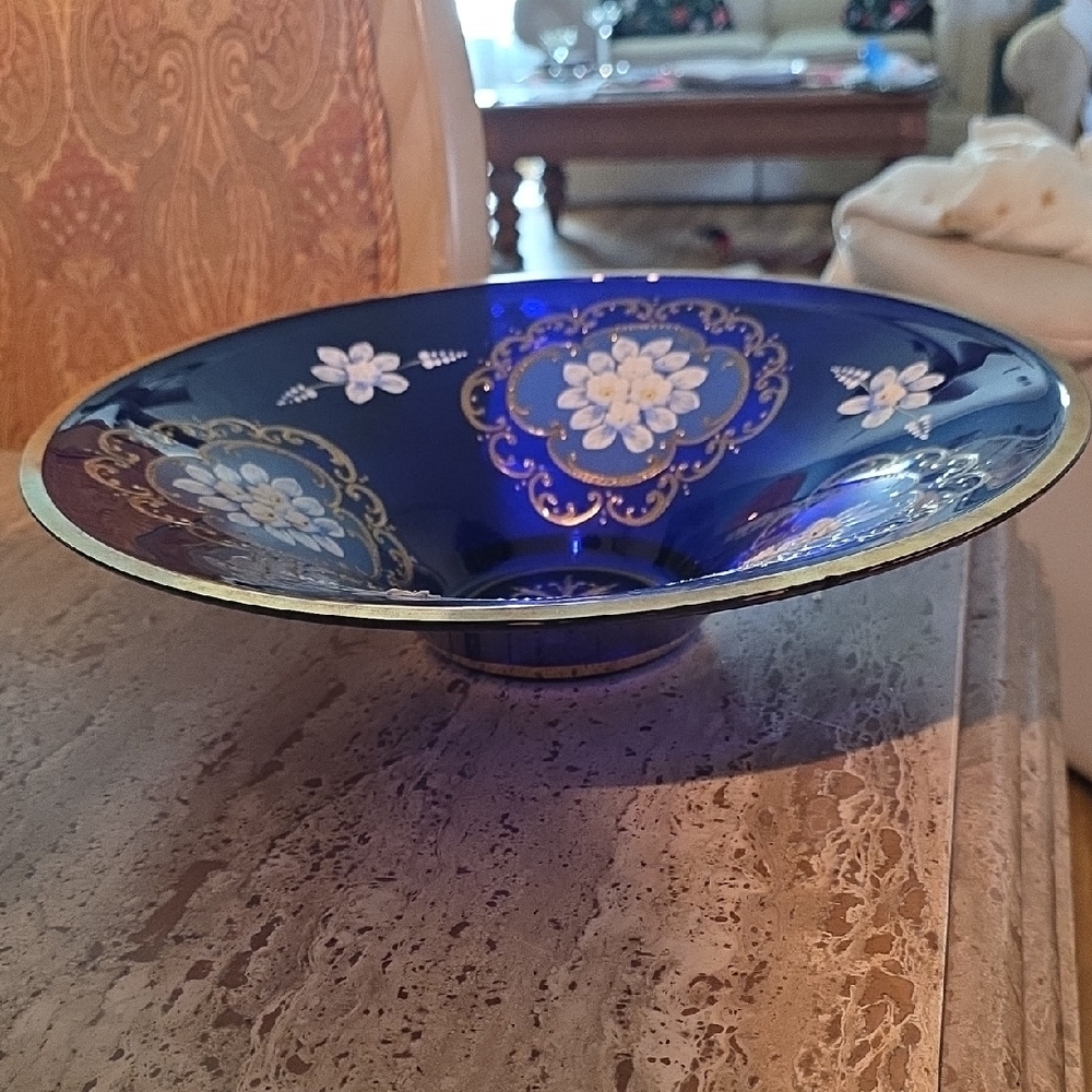 Antique Italy gilt Bohemian Glass  bowl Embossed Handpainted Cobalt Gold